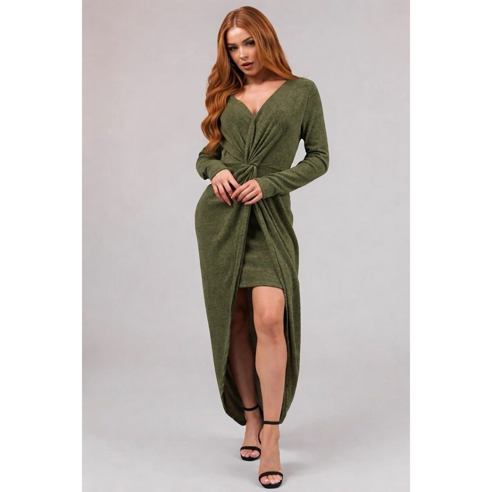 Sash & Soul Dress Olive Long Sleeve Twist Knot Midi Size S NWT